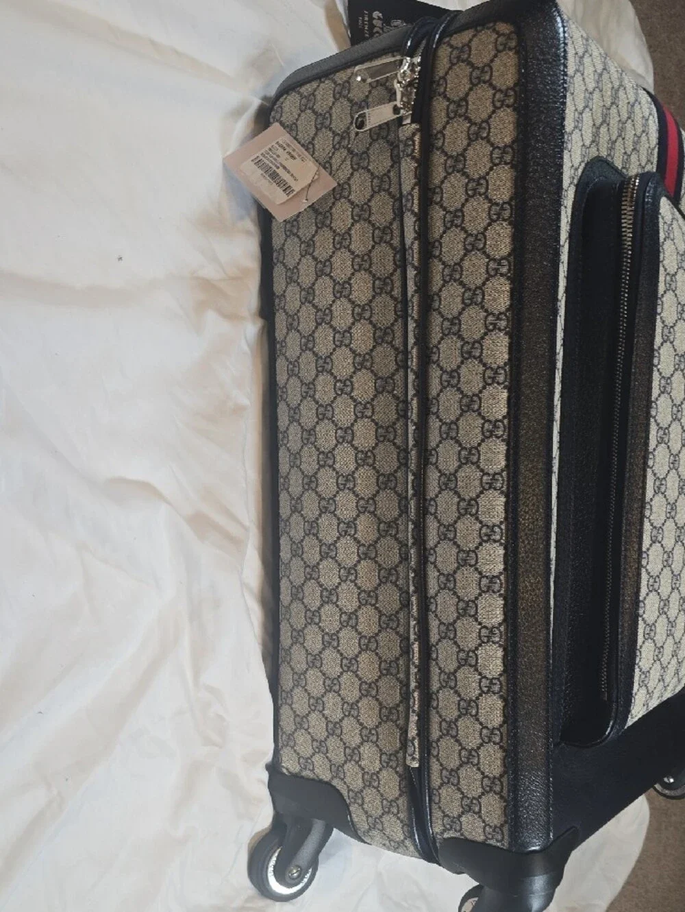 Gucci Beige GG Supreme Cabin Trolley with Navy and Red Stripes